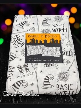 2pc Halloween Basic Witch Hat Boots Broom Standard 100% Cotton Pillowcase Set